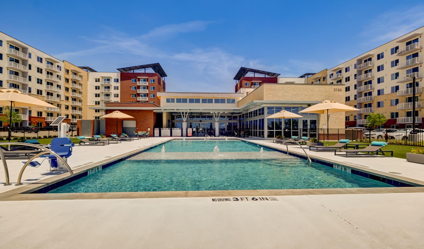 a swimming pool in a city